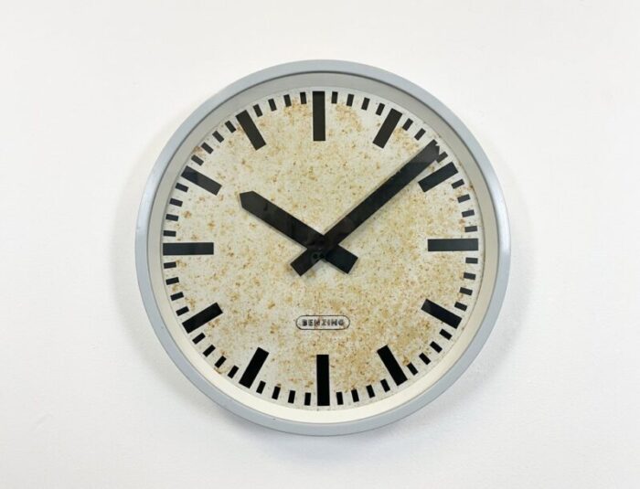 industrial grey wall clock from benzing 1960s 4