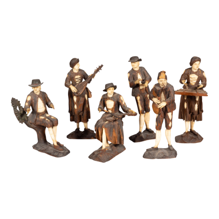 italian carved wood and bone peasant musicians set of 6 5093