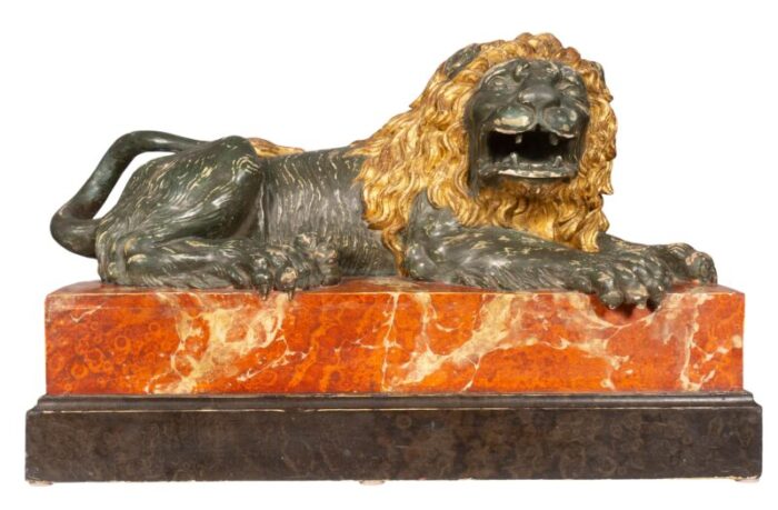 italian carved wood and painted reclining lion 1270