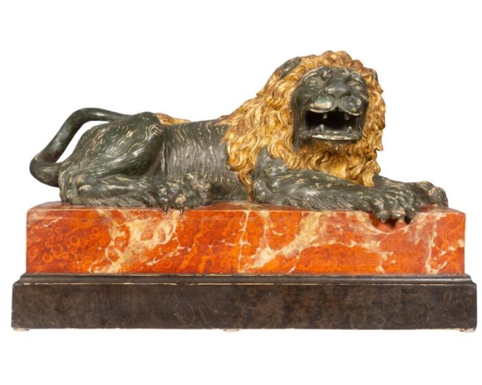 italian carved wood and painted reclining lion 9140