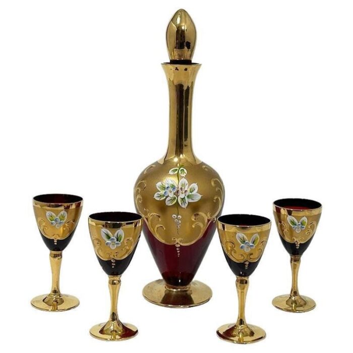 italian tre fuochi liquor set in ruby red crystal glass 1950s set of 5 1