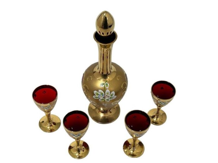 italian tre fuochi liquor set in ruby red crystal glass 1950s set of 5 2