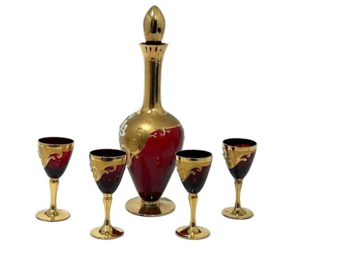 italian tre fuochi liquor set in ruby red crystal glass 1950s set of 5 3