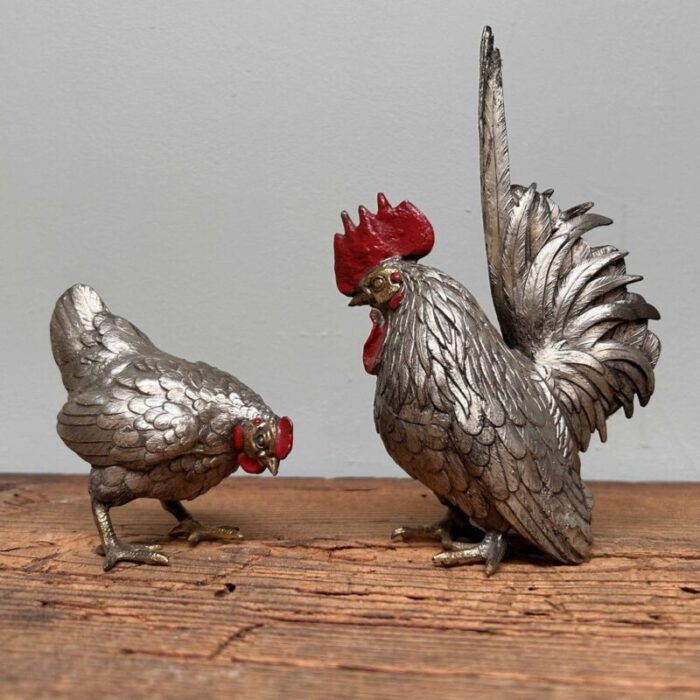 japanese okimono rooster and hen 1920s set of 2 1