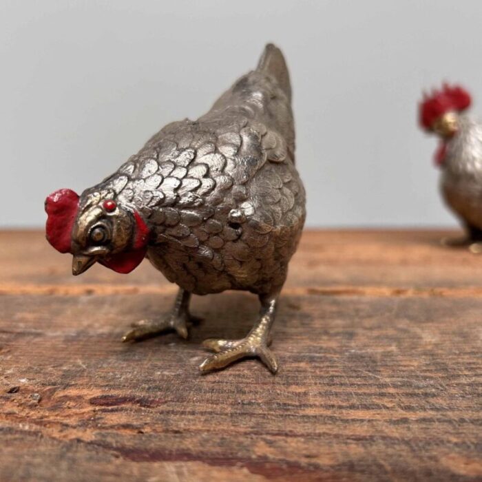 japanese okimono rooster and hen 1920s set of 2 10