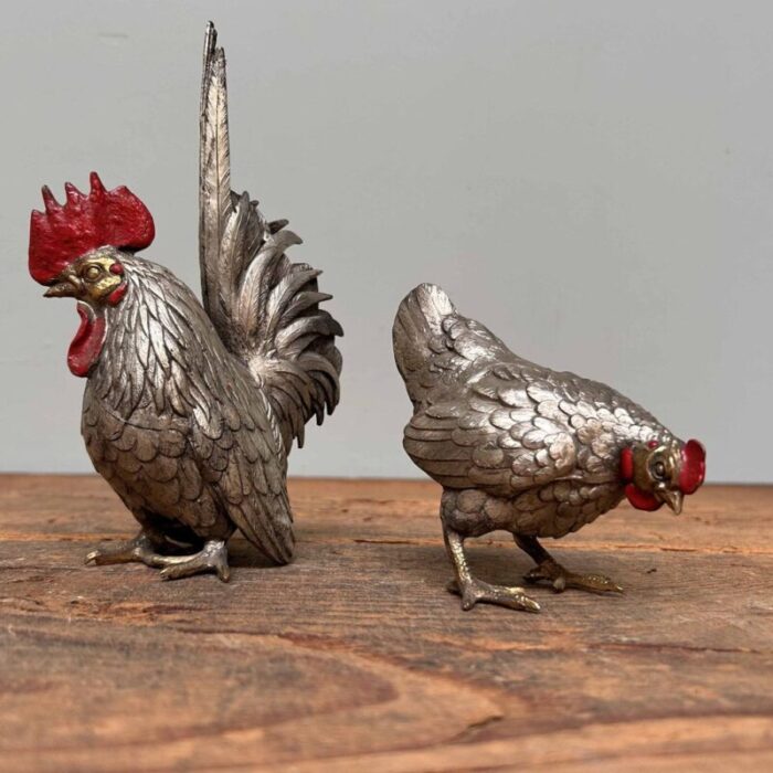 japanese okimono rooster and hen 1920s set of 2 3