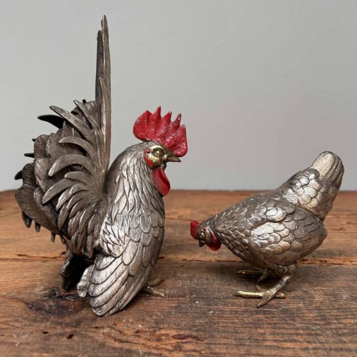 japanese okimono rooster and hen 1920s set of 2 5