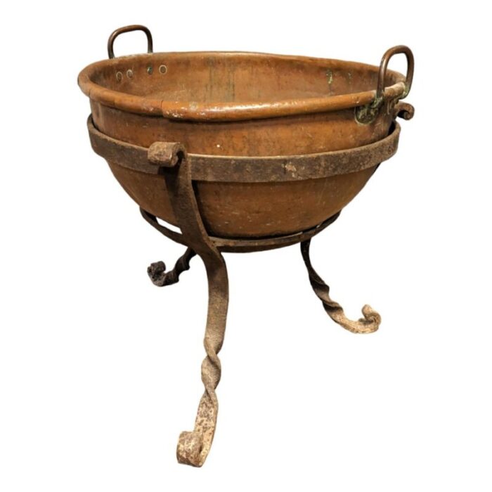 large 18th century copper cauldron on stand 1