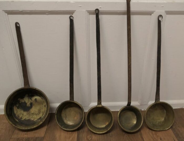 large antique brass and iron ladles 1800s set of 5 1