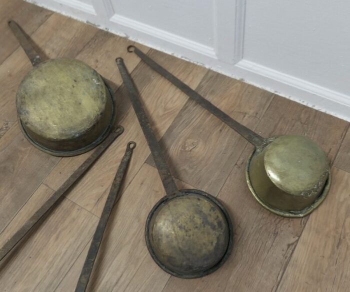 large antique brass and iron ladles 1800s set of 5 7