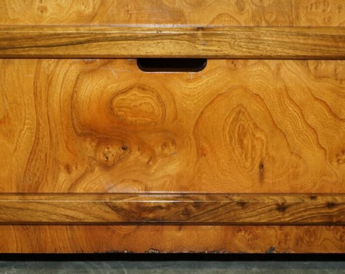 large burr walnut chest trunk with hidden bottom storage 14