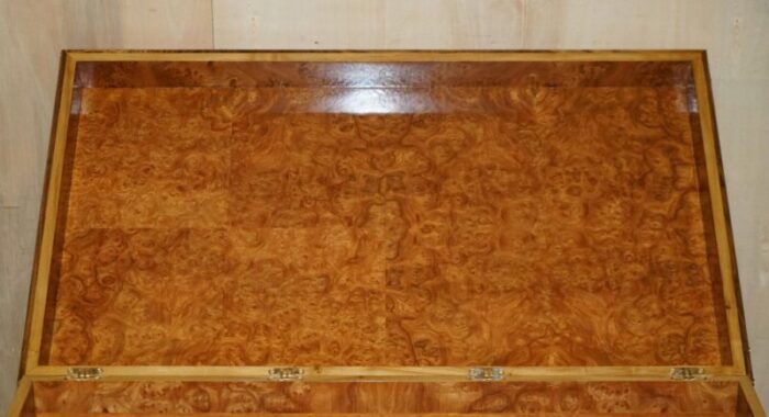 large burr walnut chest trunk with hidden bottom storage 17