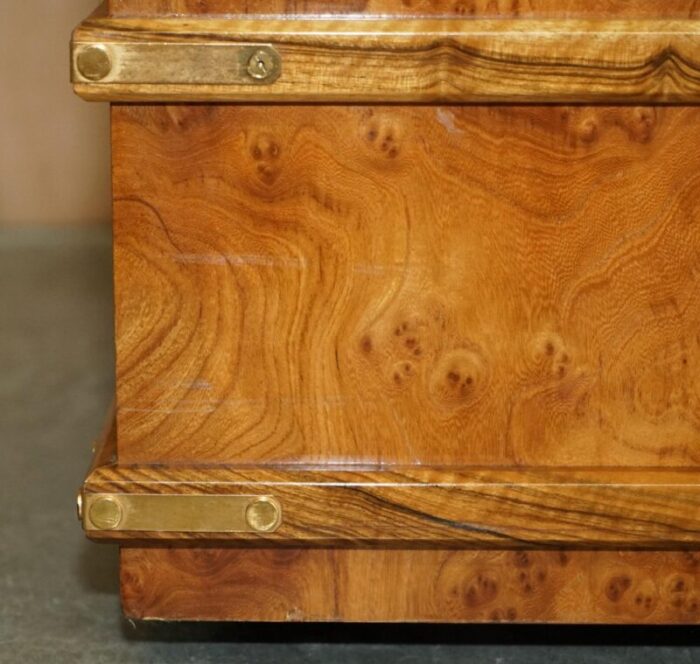 large burr walnut chest trunk with hidden bottom storage 7