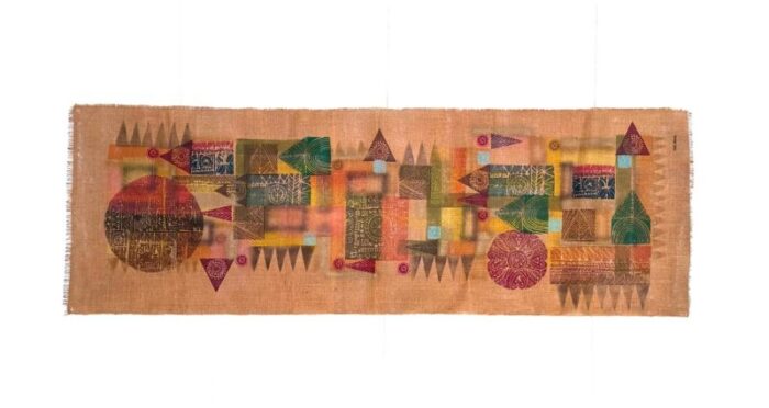 large french abstract wall hanging tapestry in jute with textile lithograph by serge arnoux 1960s 1