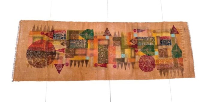 large french abstract wall hanging tapestry in jute with textile lithograph by serge arnoux 1960s 10