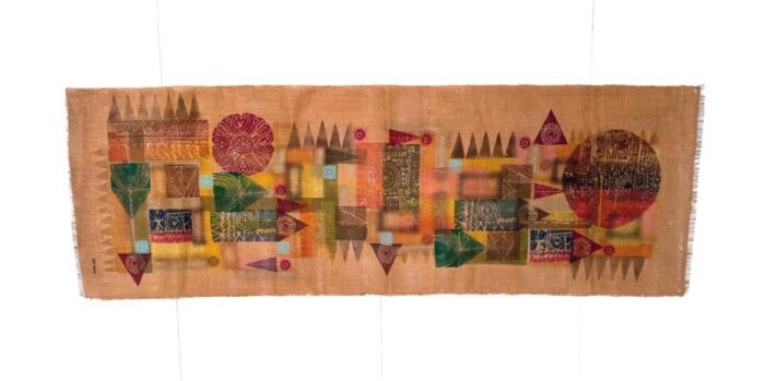 large french abstract wall hanging tapestry in jute with textile lithograph by serge arnoux 1960s 11