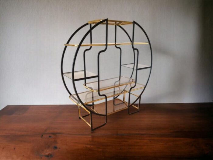 large hollywood regency round room divider shelf in black metal and brass 1970s 3670