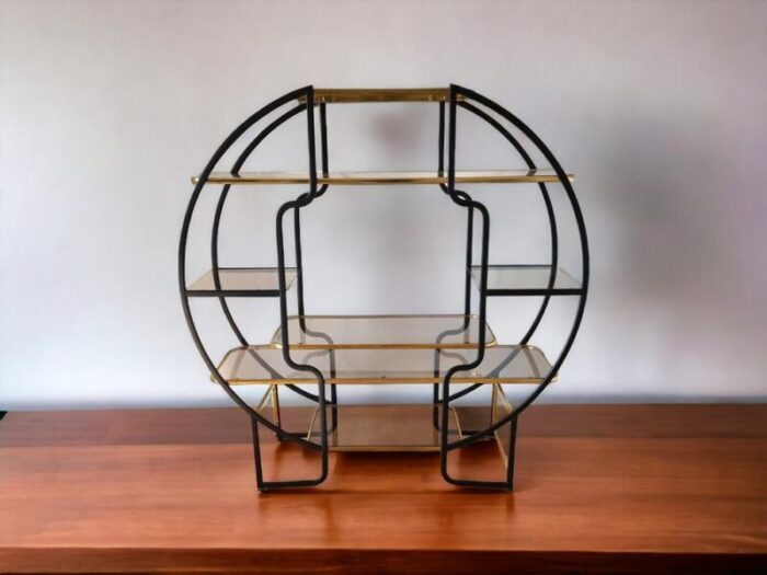 large hollywood regency round room divider shelf in black metal and brass 1970s 5868