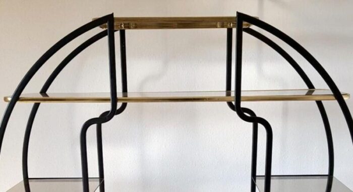 large hollywood regency round room divider shelf in black metal and brass 1970s 7041