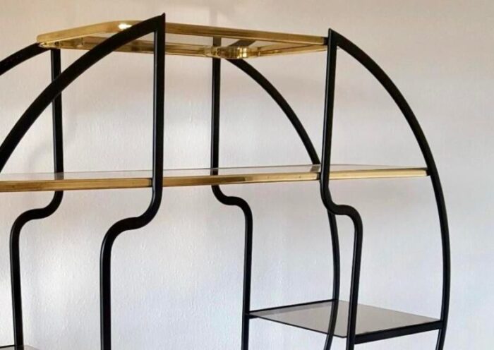 large hollywood regency round room divider shelf in black metal and brass 1970s 7921