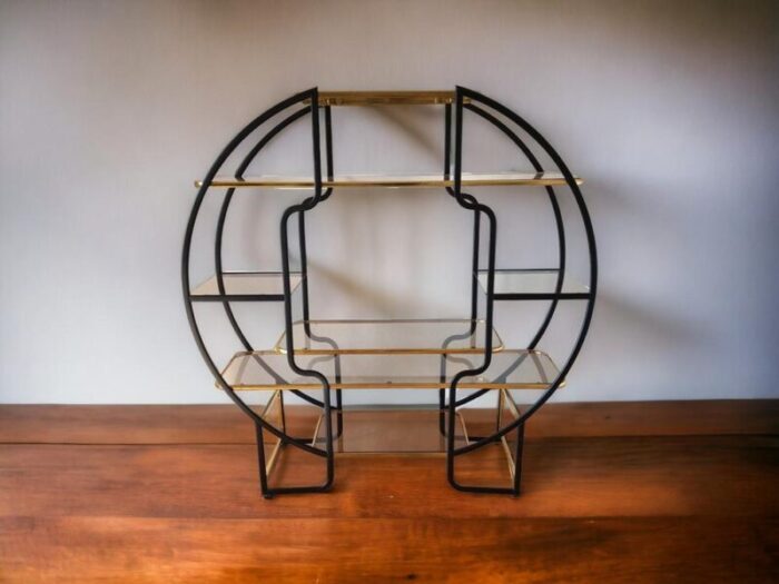 large hollywood regency round room divider shelf in black metal and brass 1970s 9463