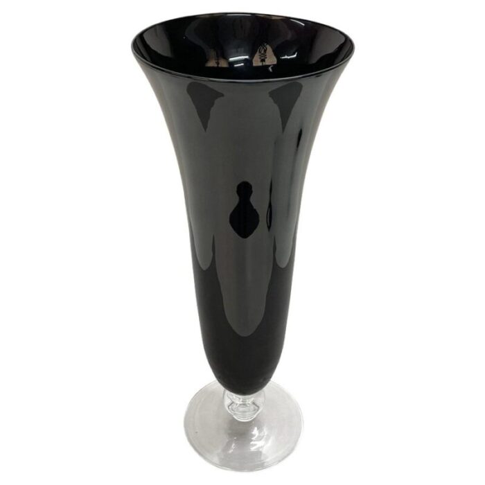 large mid century italian black glass artistic vase with crystal base 1980s 1