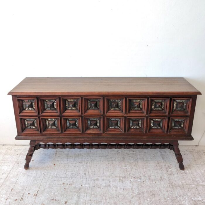 large vintage brutalist panelled cabinet with eglomise mirror glass 1970s 6457