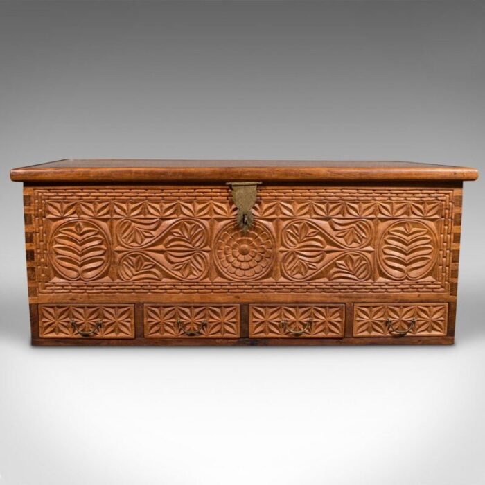 large vintage burmese teak carved chest 1930 3