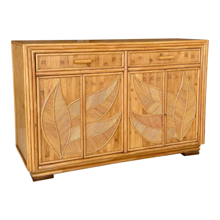 late 20th century marquetry sculptural leaf pencil rattan credenza 7977