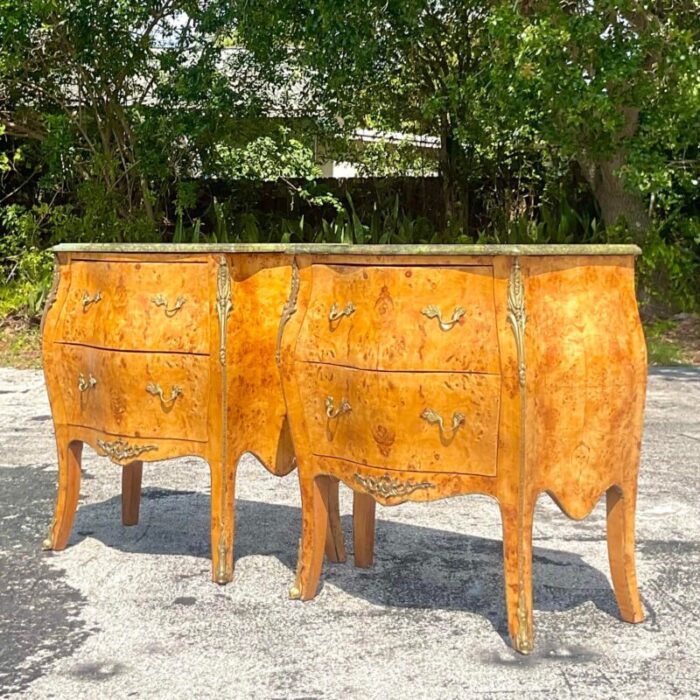 late 20th century vintage regency burl wood and ormolu bombe chests a pair 5557