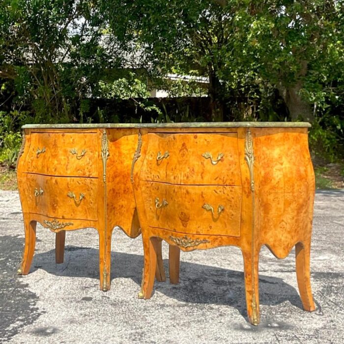 late 20th century vintage regency burl wood and ormolu bombe chests a pair 6007