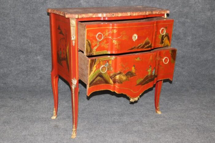 louis xv red chinese raised gold paint decorated kahn and cie of france commode 4549