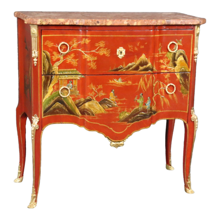 louis xv red chinese raised gold paint decorated kahn and cie of france commode 5833