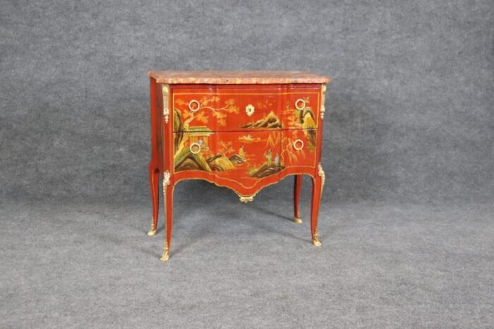 louis xv red chinese raised gold paint decorated kahn and cie of france commode 8071