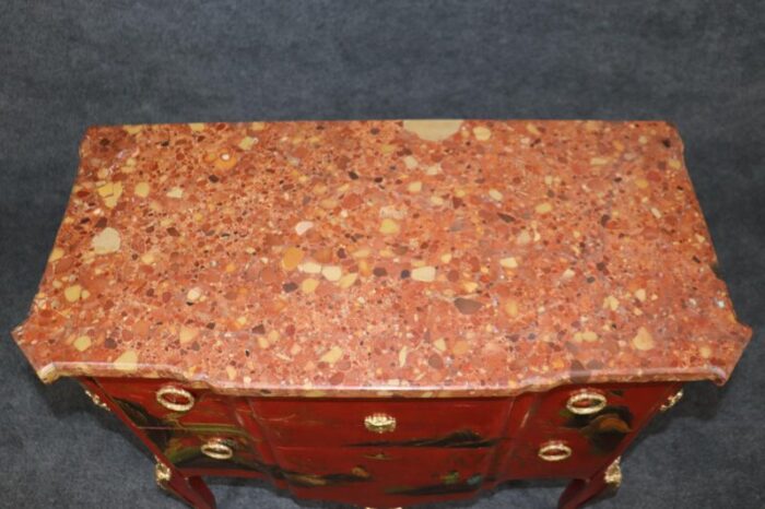 louis xv red chinese raised gold paint decorated kahn and cie of france commode 9117