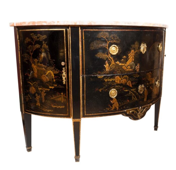 louis xvi style black and gold japanned chinoiserie demilune commode 0552