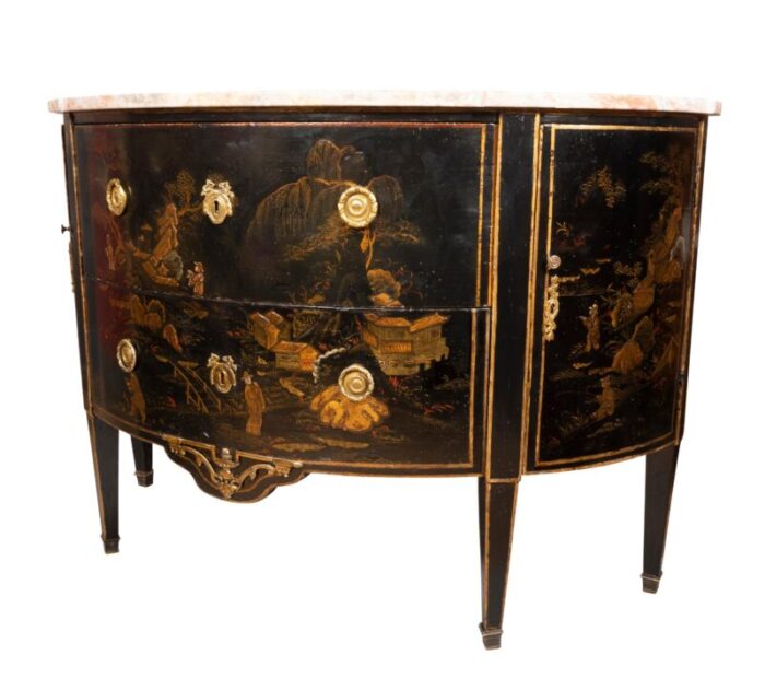 louis xvi style black and gold japanned chinoiserie demilune commode 0816