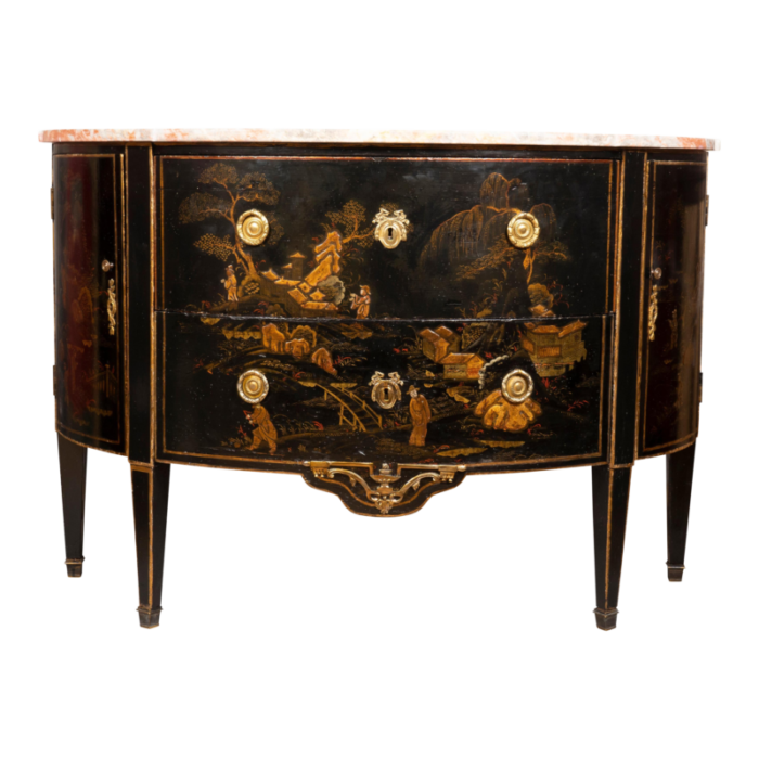 louis xvi style black and gold japanned chinoiserie demilune commode 1017