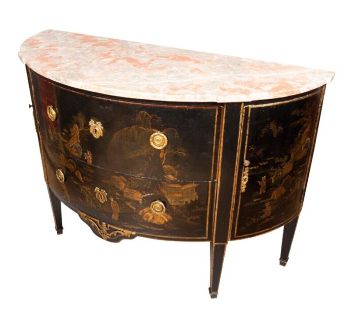 louis xvi style black and gold japanned chinoiserie demilune commode 2776