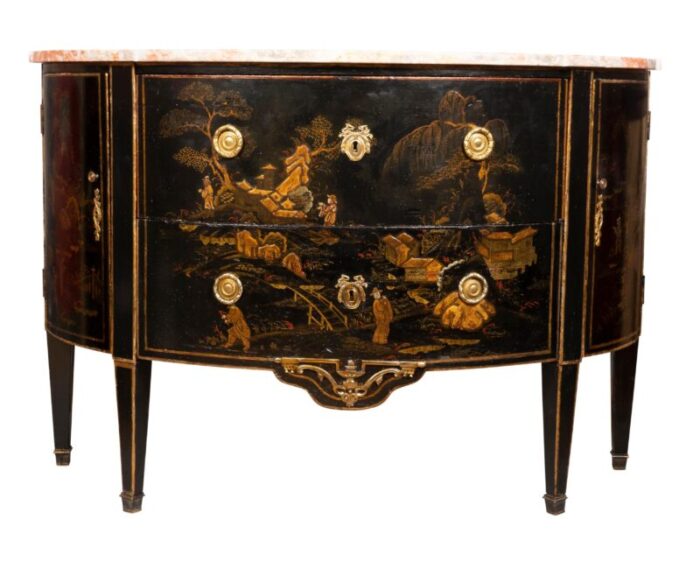 louis xvi style black and gold japanned chinoiserie demilune commode 3532