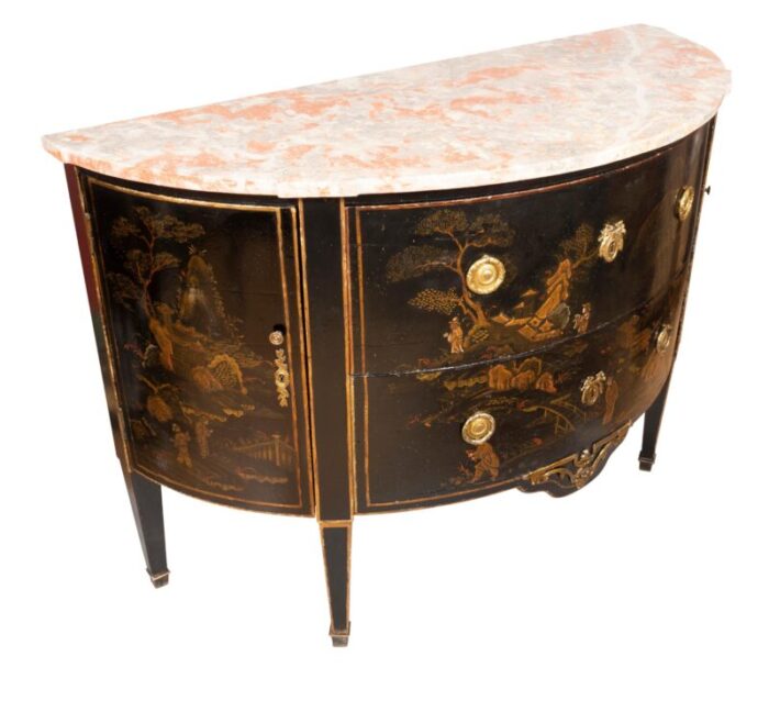 louis xvi style black and gold japanned chinoiserie demilune commode 4542