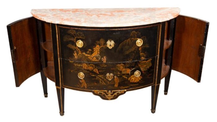 louis xvi style black and gold japanned chinoiserie demilune commode 5205