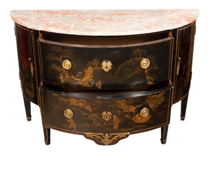 louis xvi style black and gold japanned chinoiserie demilune commode 5595