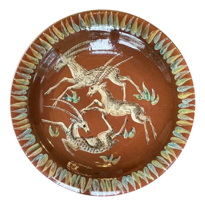 majolica antelope plate by gustav heinkel 6292