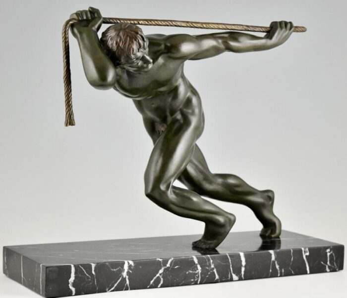 maurice guiraud riviere art deco sculpture of male nude athlete with rope 1930 bronze and marble 0222