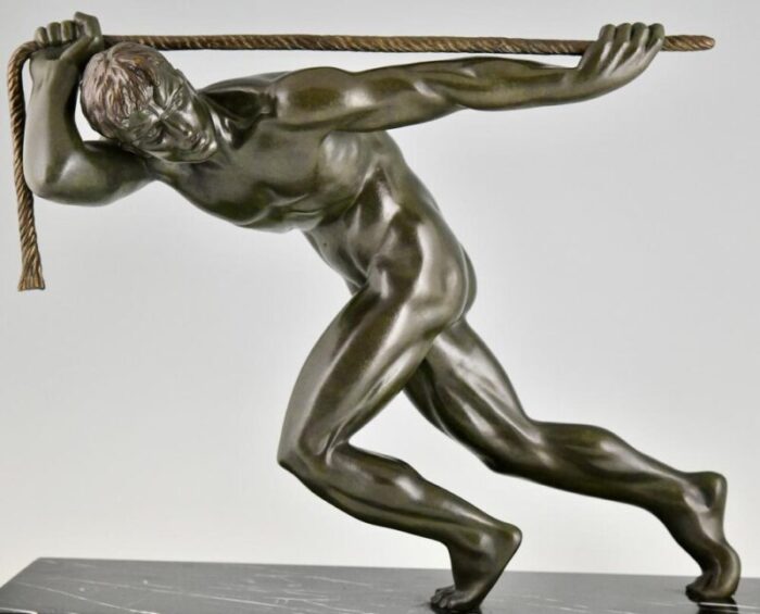 maurice guiraud riviere art deco sculpture of male nude athlete with rope 1930 bronze and marble 1671