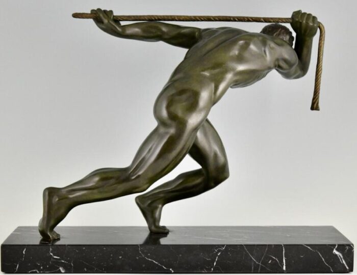 maurice guiraud riviere art deco sculpture of male nude athlete with rope 1930 bronze and marble 2698