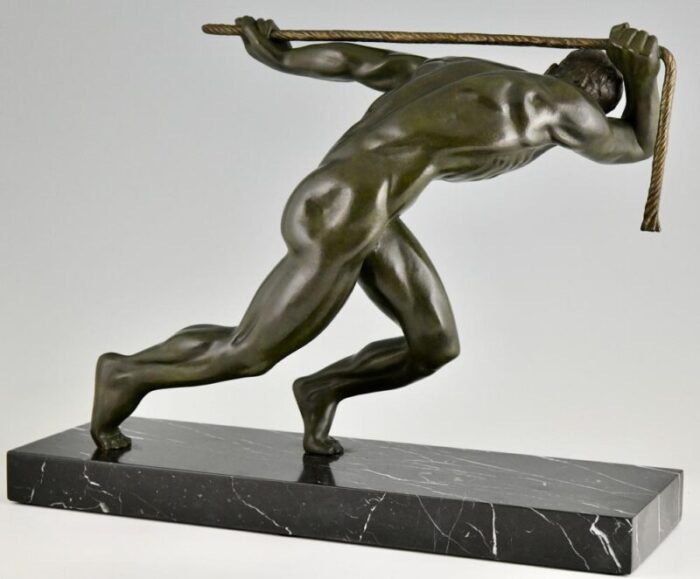 maurice guiraud riviere art deco sculpture of male nude athlete with rope 1930 bronze and marble 2855