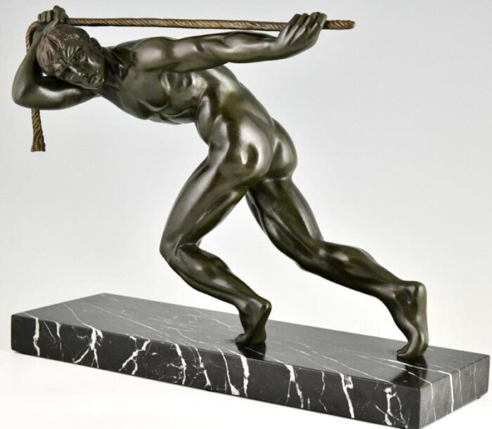 maurice guiraud riviere art deco sculpture of male nude athlete with rope 1930 bronze and marble 4846