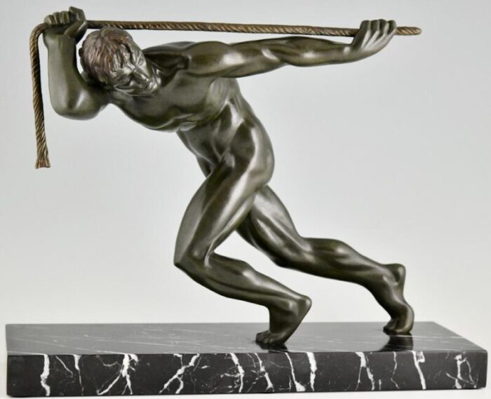 maurice guiraud riviere art deco sculpture of male nude athlete with rope 1930 bronze and marble 5831